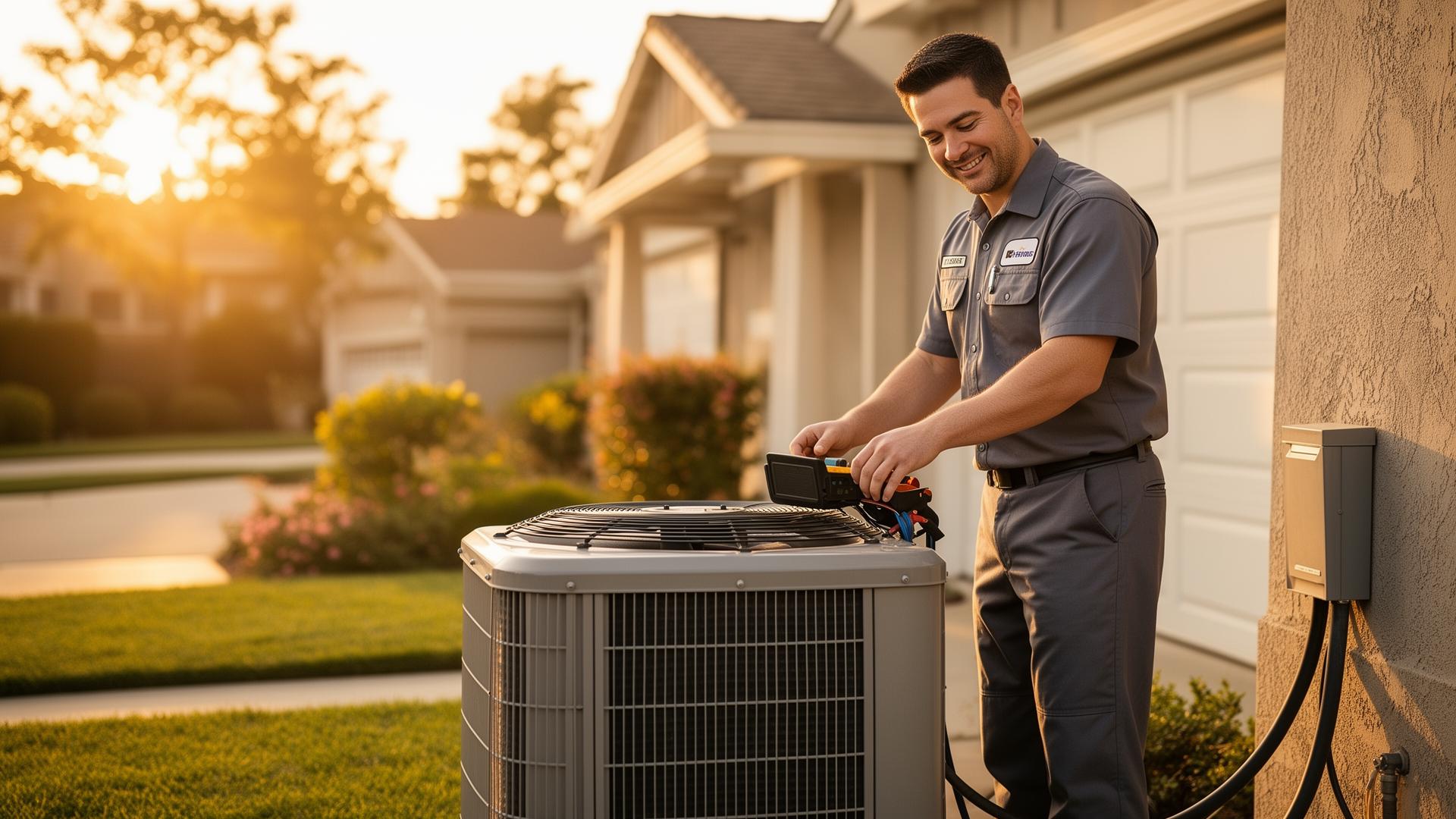 HVAC technician servicing an AC unit at a Murrieta home